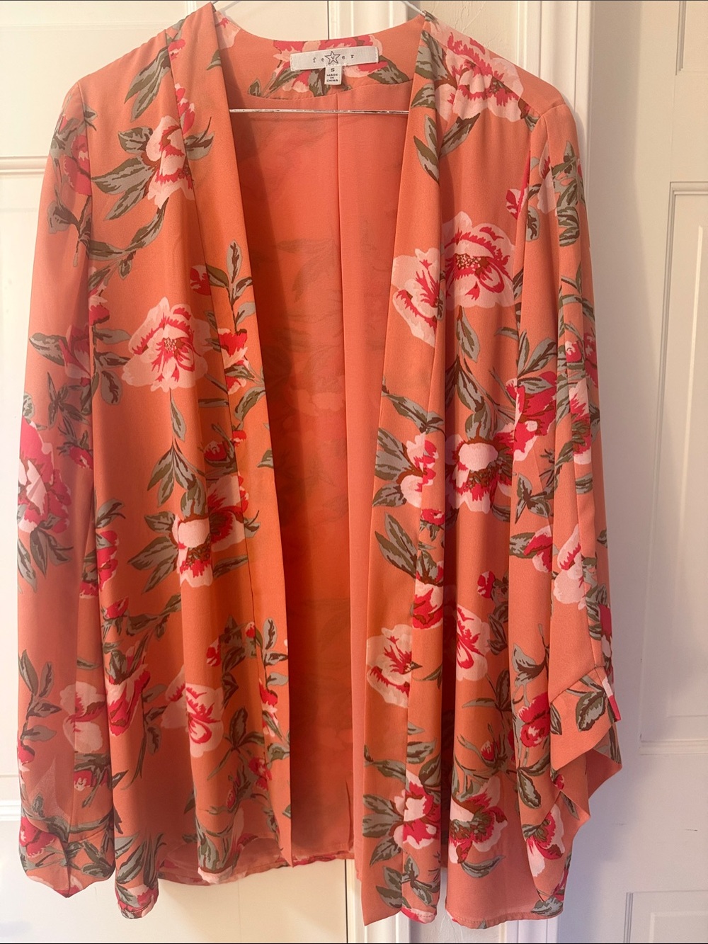 Floral Open Front Kimono Jacket - Coral Pink